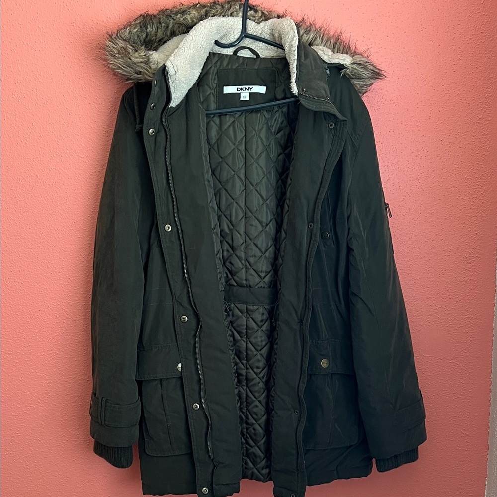DKNY Women's Black Utility Jacket with Faux Fur Trim